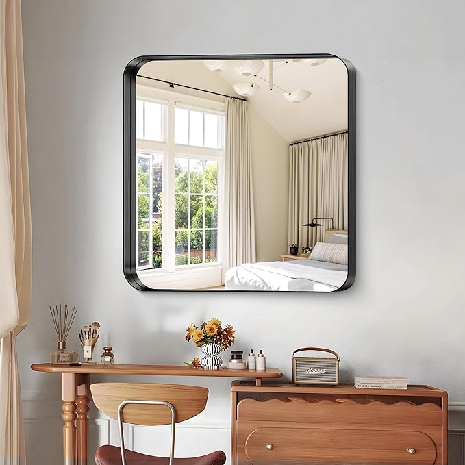 CIRCUMI Black Bathroom Mirror, Rounded Corner, Tempered Glass, Square Mirror