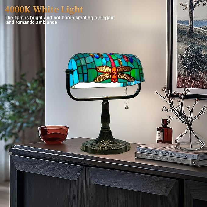 Vintage Tiffany Style Bankers Lamp - Stained Glass Desk Lamp with Pull Chain, Dragonfly Design Table or Desks Light LED Bulb Included, Bankers Desk Lamps for Office Living Room Study Room