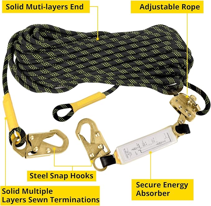 TRSMIMA Rope Harness Safety Lanyard:100ft Roofing Rope Fall Protection | Vertical Safety Harness Rope With Grab Snap Hooks Shock Absorber - Tree Climbing Line Kit Heavy Duty Safety Equipment ANSI CE