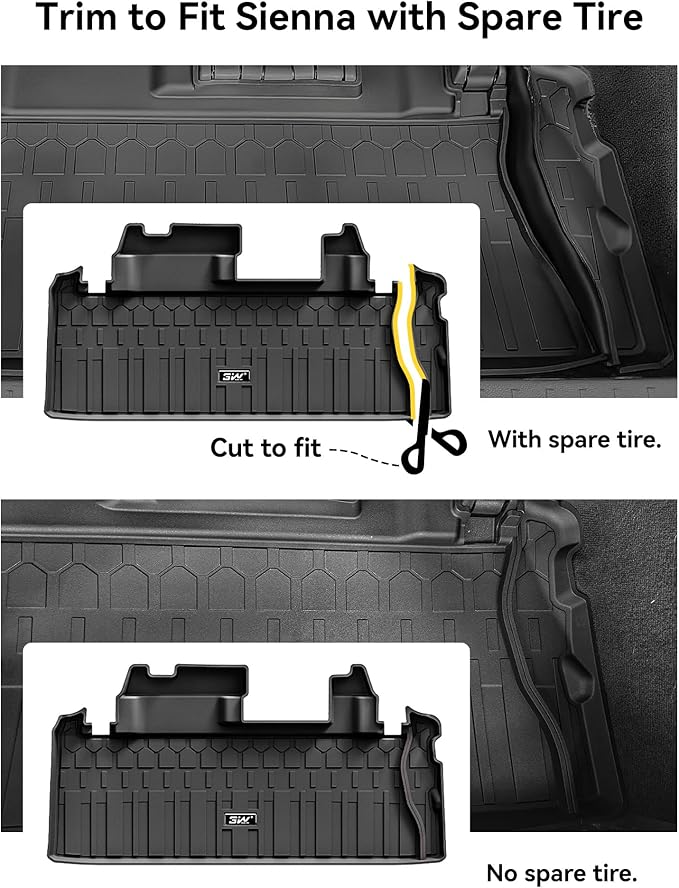 3W Cargo Mat Custom Fit for Toyota Sienna 2021-2026, TPE Trunk Mat for Sienna Car Accessories, Heavy Duty Cargo Liner (Only Fit Spare Tire)