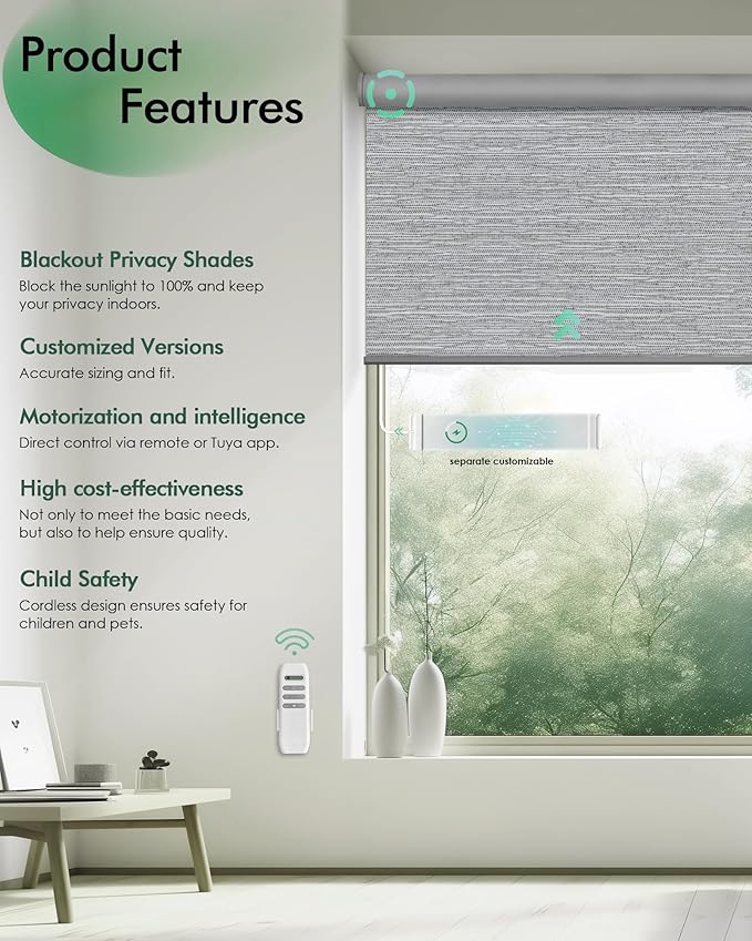 Yoolax Motorized Blinds with Remote, Automatic Roller Shades Cordless Electric