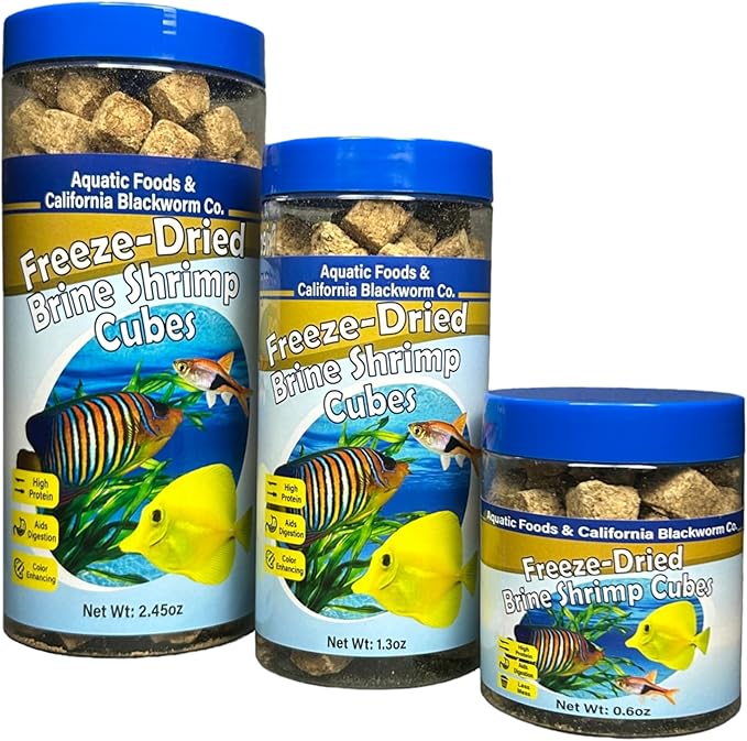 Aquatic Foods Inc. Brine Shrimp, Freeze Dried Floating Brine Cubes for Cichlids, Discus, Tetras, Goldfish, Bettas, Angels, Marines, All Tropical Fish, Aquatic Turtles 0.6oz Canister