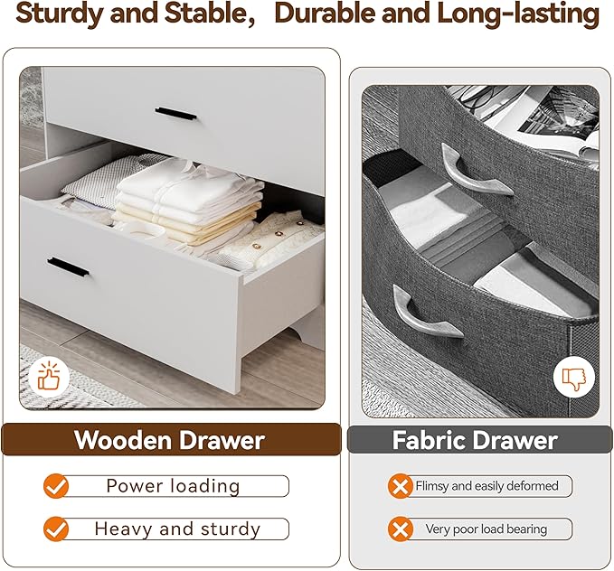 Dresser with Power Outlets Wooden 6 Drawer Dresser with Large Organizer White