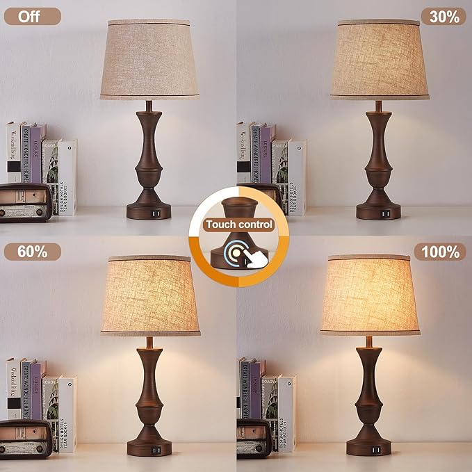 Luvkczc Touch Table Lamps Set of 2, 22" Tall Bedside Lamps with USB C+A Ports, Dimmable Table Lamp, Nightstand Lamps for Bedroom, Living Room, Office, Brown Lamps with Beige Lampshade, Bulbs Included