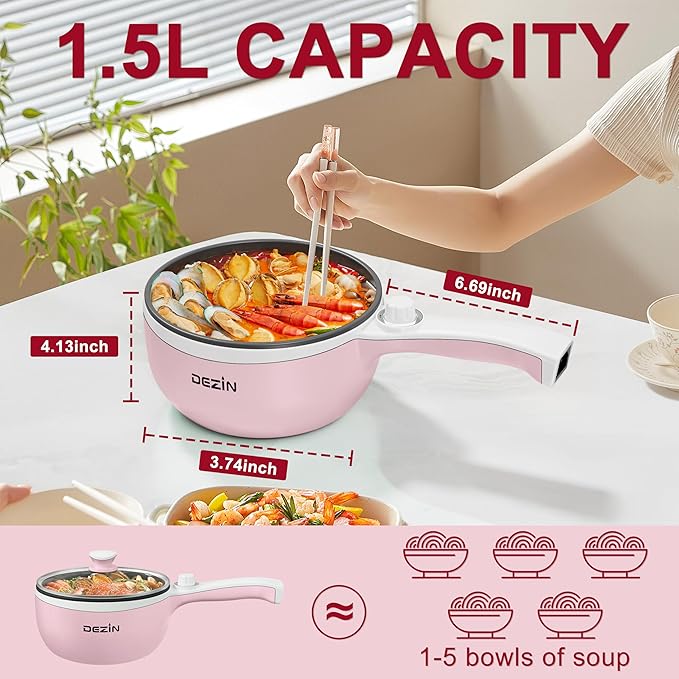 Dezin Hot Pot Electric Upgraded, Non-Stick Sauté Pan, Rapid Noodles Electric Pot