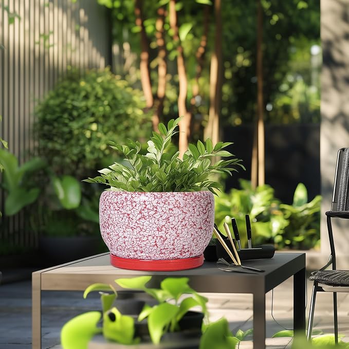 SQOWL Ceramic Planters for Indoor Plants - 10 Inch Flower Pots with Drainage Hole and Saucer, Decorative Ceramic Plant Pots, Round Large Planter Outdoor, Room Decor, Housewarming Gifts, Red and White