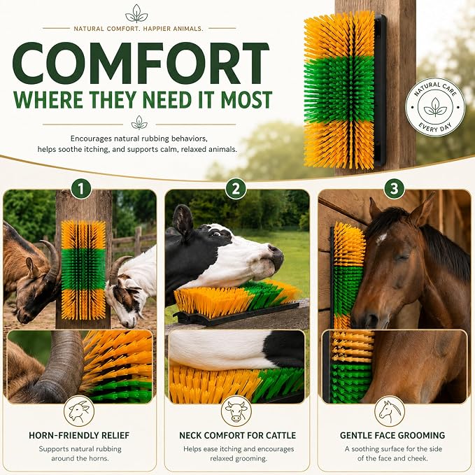 Livestock Scratching Brush 2 Pack for Cattle, Horses and Goats, Bendable Cow Scratcher, Goat Scratching Post and Horse Scratcher with Durable Nylon Bristles and 8 Stainless Steel Screws