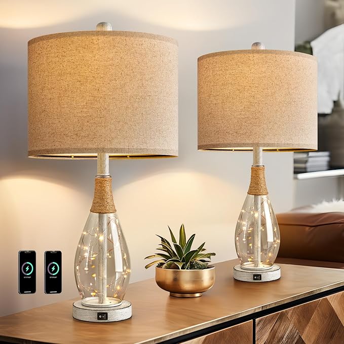 OYEARS 23" Table Lamps for Living Room Set of 2 Bedside Lamps for Night Stands Bedroom Lamps Farmhouse Rattan Boho Lamp Glass Nightlight End Table Lamp with USB C+A (White),Two Light Points