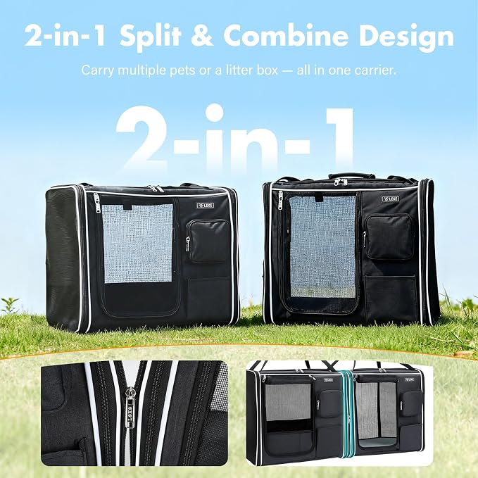 Lekereise Large Cat Carrier Soft Sided, 28" x 13" x 13", Large cat Travel Carrier for 2 Cats with Zipper Locks for Moving Across The Country(No Hammock), Foldable for Storage, Black