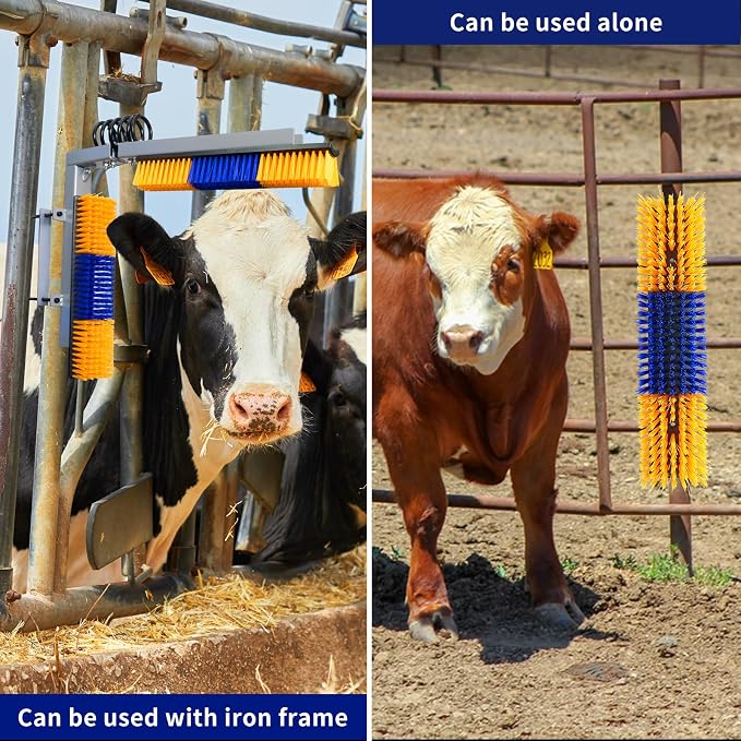 Livestock Scratch Brush With Spring Iron Holder,Animal Back Scratching Brush Including 4pcs goat brushes, 4 stands and accessories For Cow,Cattle,Sheep, Horses,Pigs,Massage Grooming Tool(Yellow)
