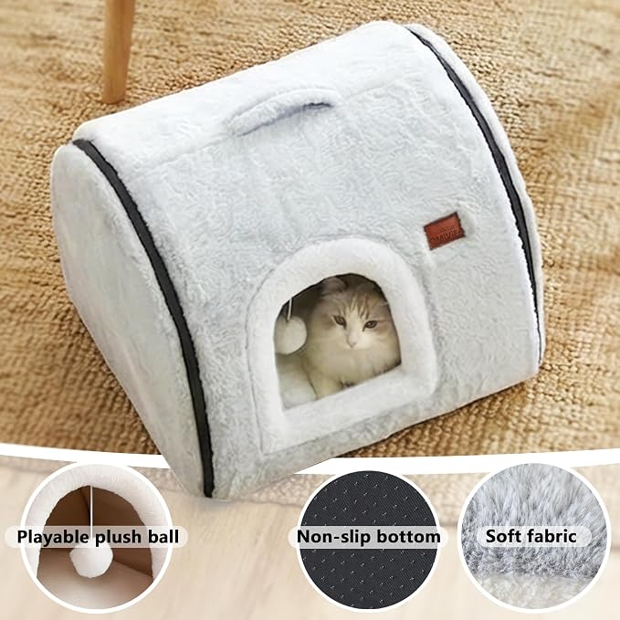 cat Bed cave-cat beds for Indoor Cats,Soft and Comfortable Cute Pet Bed,cat House,with Removable Washable Cushioned Pillow,Enclosed cat Bed,Kitty pet hut、Hideaway,Small Large Dog Tent (Grey)