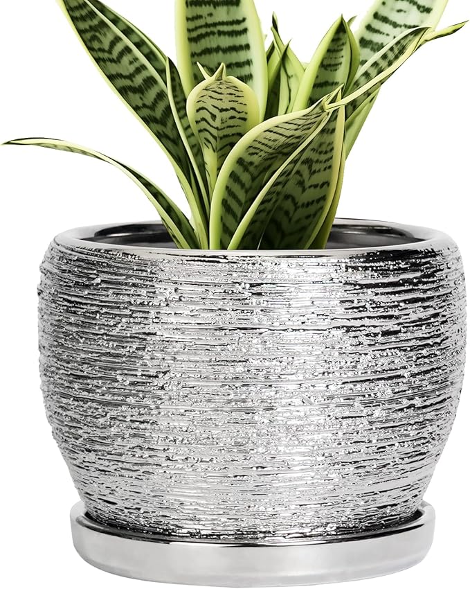 SQOWL Ceramic Plant Pots - 6 Inch Planter for Indoor Outdoor Plants, Modern Round Flower Pots with Drainage Hole and Saucer, Decorative Small Planter, Office Decor, Gifts for Women Men, Silver