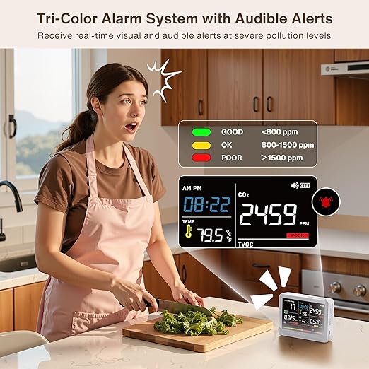 16 in 1 Air Quality Monitor Indoor 10h Battery & 5.5" Display 9 AQI+7 AQI Alerts