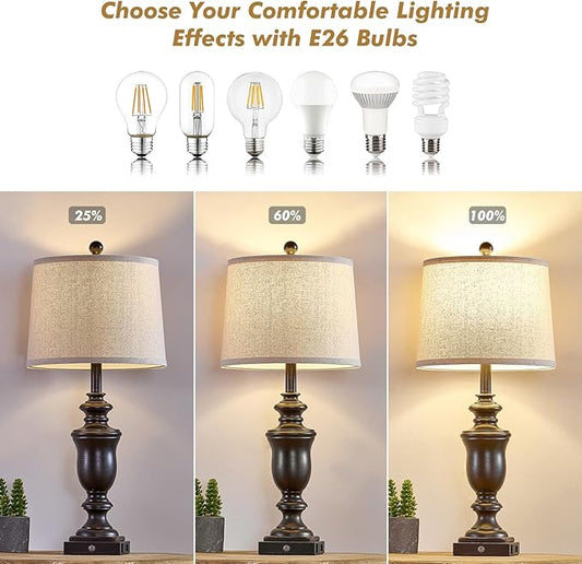 27.5" Set of 2 Farmhouse Table Lamps for Bedroom, 3 Way Dimmable Bedside Lamp with 2 USB +AC Outlet Nightstand Lamps for Living Room Resin Rustic Touch Lamps (Antique Black)