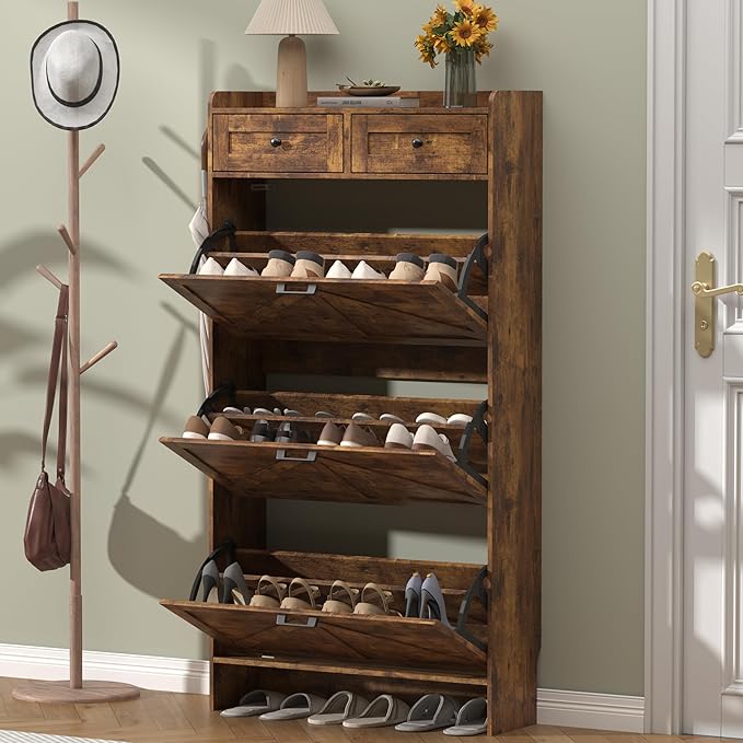 Shoe Cabinet with 3 Flip Drawers & 2 Storage Drawers, Rustic Farmhouse Narrow