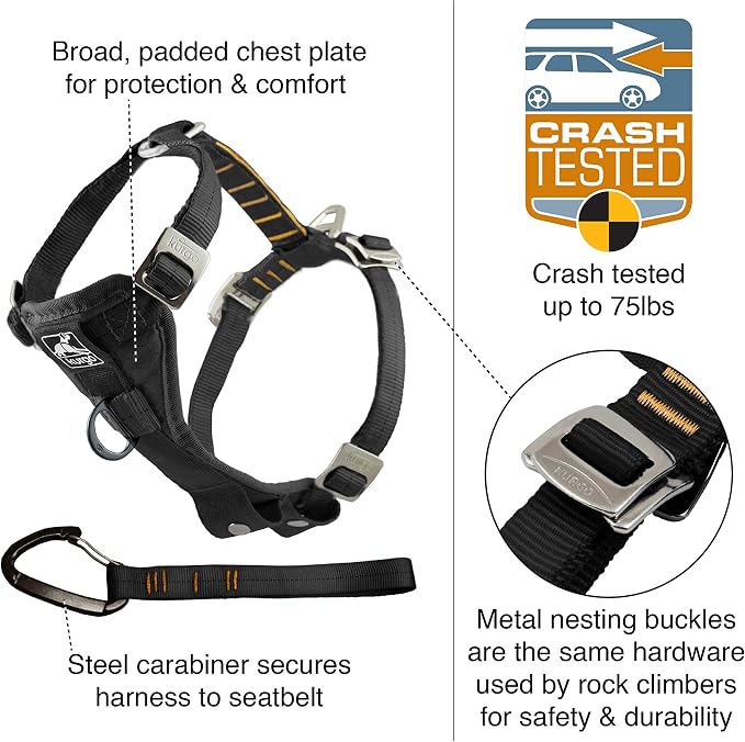 Kurgo Enhanced Strength Tru-Fit Smart Harness, Charcoal, Extra Small | Crash Tested Car Harness for Dogs up to 75Lbs, Seatbelt Tether & Steel Carabiner, All-Steel Buckles, Padded Chest for Comfort