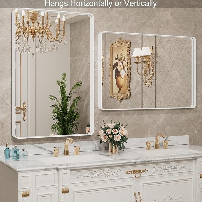 LOAAO 48x30 Inch White Metal Framed Bathroom Mirror