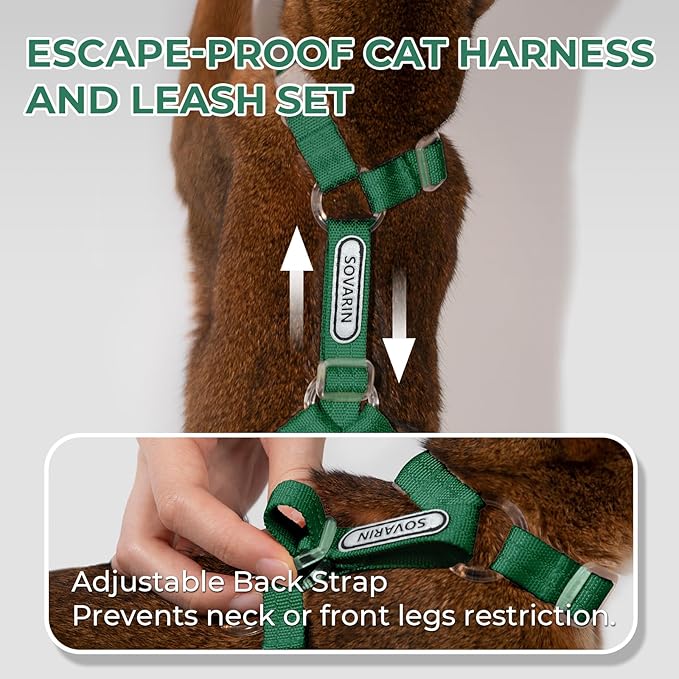 Cat Harness and Leash Set - Green Lightweight Soft Kitten Harness Escape Proof, Adjustable Travel Pet Harness for Walking,Easy Control Comfortable Outdoor (Green, One Size Fits All)