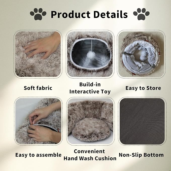 Cat Tunnel Bed for Indoor Cats with Washable Cushion Cat Cave Donut Tunnel with Fluffy Ball Big Round Tube Pet Playground Toys Soft Plush Peekaboo for Kitten, Cat, Puppy, Rabbit, Ferret(Brown)