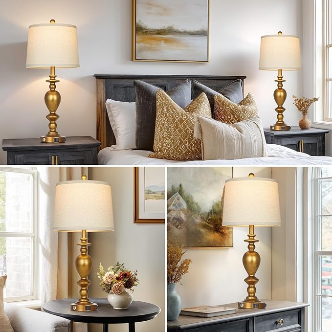 28" Farmhouse Table Lamps Set of 2 with USB C+A Ports & AC Outlet for Vintage Living Room Retro Bedroom,3-Way Dimmable Touch Lamp Resin Bedside Lamps for Nightstand Side End Table, Brass