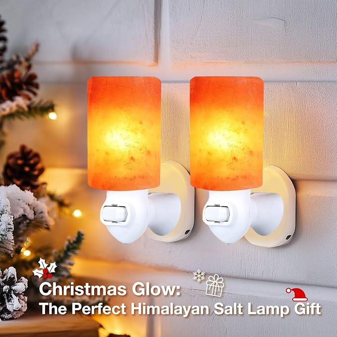 Himalayan Salt Lamp Plug in Night Light 2 Pack, 360 Degree Adjustable Wall Plug & Extra 4 Replacement Bulbs Bathroom Bedroom Night Light, Pink Crystal Rock Salt Hand Crafted Cylinder Size