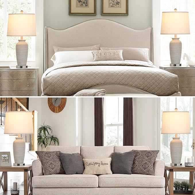 25" Farmhouse Jar Table Lamps Set of 2, 3 Way Touch Control Rustic Bedside Lamps with USB A+C Ports & AC Outlet, Pot Nightstand Lamps for Bedroom Living Room (LED Bulbs Included)