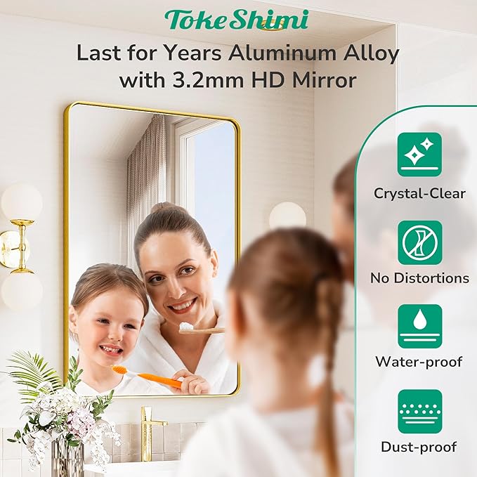 TokeShimi 30 x 30 Gold Bathroom Mirror, Rectangle Bathroom Wall Mirror