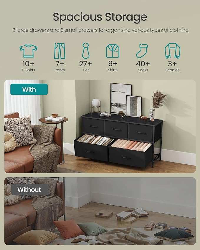 SONGMICS Dresser for Bedroom, Chest of Drawers, 5 Non-Woven Fabric Drawers