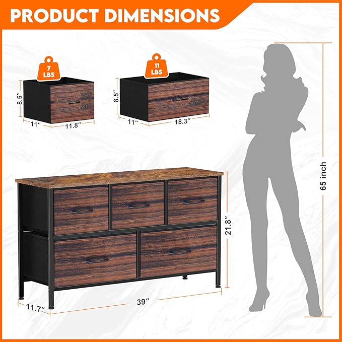 Dresser for Bedroom with 5 Drawers, Chest of Drawers, Storage Drawers Organizer