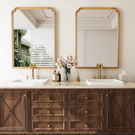 30" x 40" Wood Bathroom Mirror for Over Sink, Rustic Rounded Corner Vanity