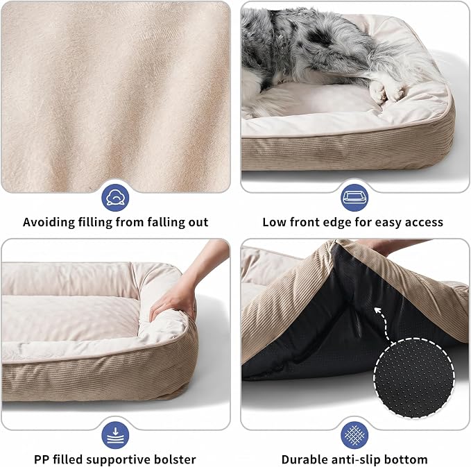 FAIRYPET Deluxe Plush Dog Beds for Medium to Large Dogs, 3D Crimped Siliconized Hollow Fiber Fill,Soft Breathable,Washable Dog Bed, Plush Faux Fur & Corduroy,Durable Pet Bed with Anti-Slip Bottom