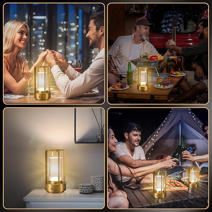 Portable Metal Table Lamp,Cordless Table Lamp, Rechargeable Battery Operated Lights, LED Table Lamps, 3 Color Stepless Dimming Touch, for Bedroom Restaurant Home Outdoor (Golden)