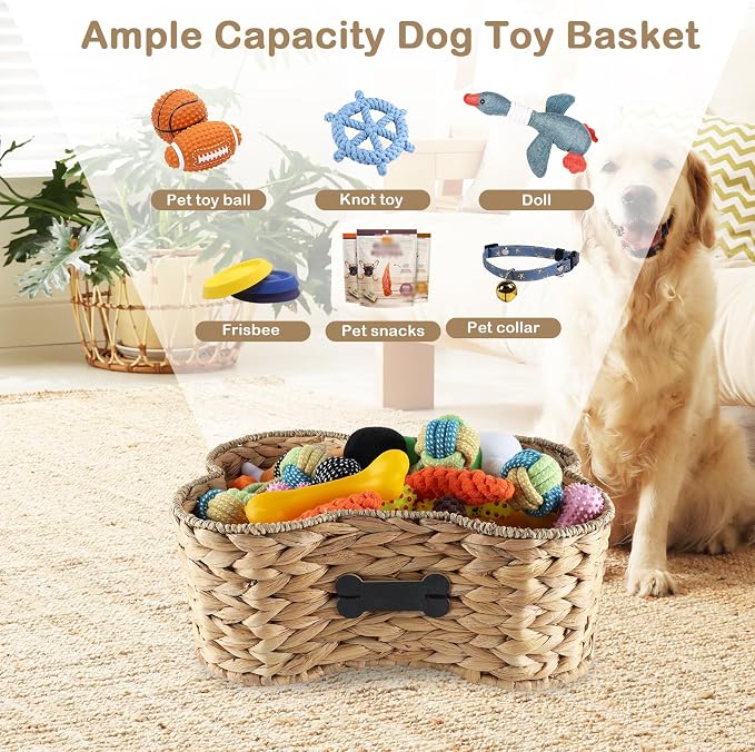 Set Of 2 Pet Dog Toy Basket-Dog Bone Basket-Wicker Basket for Pet Stuff-Dogs Toy Box for Living Room Area-Handmade Water Hyacinth Baskets with DIY Tag 