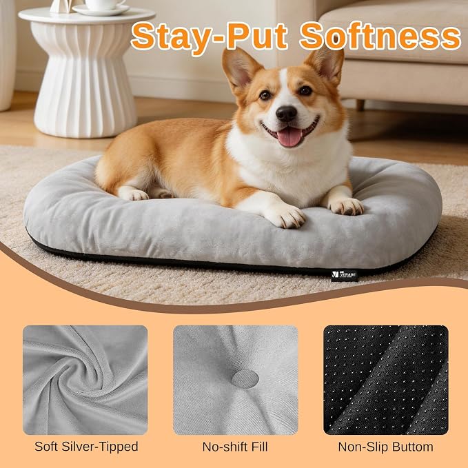 Washable Oval Small Dog Bed, Silver-Tipped High-Resilience, Light Gray | Non-Slip Bottom Prevents Sliding,Soft Plush Short Fur,Machine Washable Cushion,Ideal for Crates & Small Spaces,23"x17"x2.8"