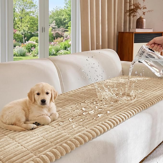 FUANGUI Waterproof Couch Cover Sofa Cover for Dogs and Pets Sofa Protector | Non-Slip Washable Fuzzy Soft Cat Bed Sofa Slipcover for 2-3 Cushion Couch Sofa Pet Friendly, Khaki, 27.6" x 82.7", 1 pcs