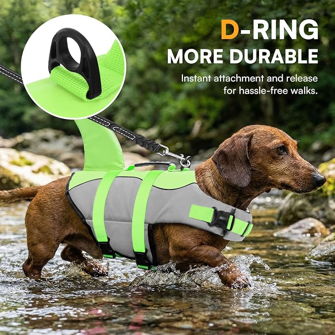 Dog Life Jacket Ripstop Shark Dog Safety Vest Adjustable Preserver with High Buoyancy and Durable Rescue Handle for Small,Medium,Large Dogs, Green Shark Small