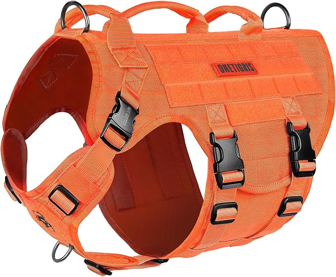 OneTigris Large Tactical Dog Harness, No Pulling Adjustable Dog Vest Harness, Heavy Duty Dog Harness with Handle, Large Hook and Loop Panels for Patch(Orange,S)