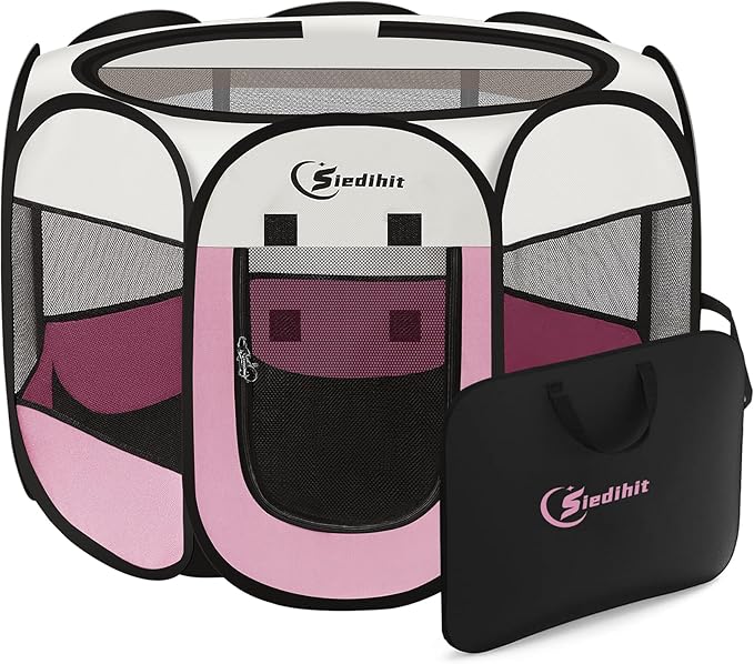 Sieidihit Dog Cat Pet Playpen Puppy Crate Cage Indoor Outdoor, Large Pink | Pet Nursing Enclosure Camping Rest Zone for Recovering Pets 600D waterproof polyester Oxford, Breathable double-layer mesh