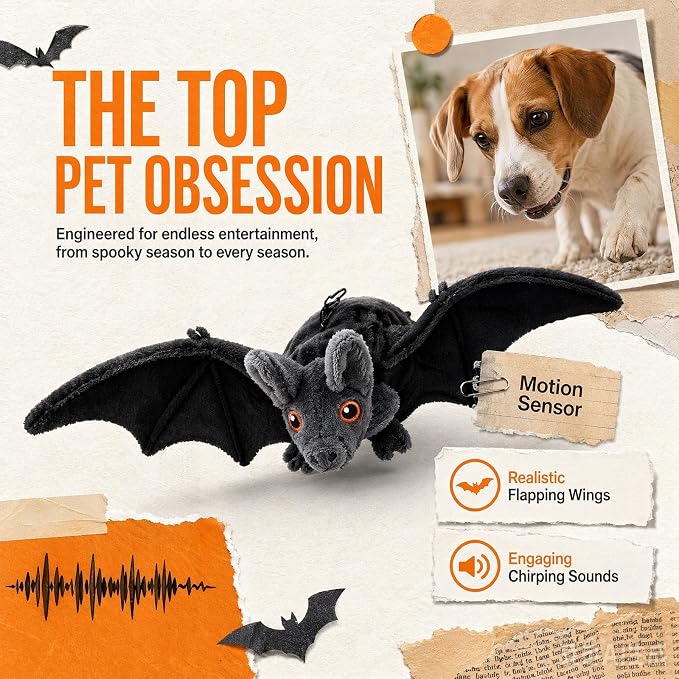 Interactive Flying Bat Dog Toy, Flapping Wings Cute Bat for Indoor Cats & Dogs, Automatic Flapping Wings with Chirping Sounds, Touch Activated, Rechargeable for Solo Play,Manual Switch