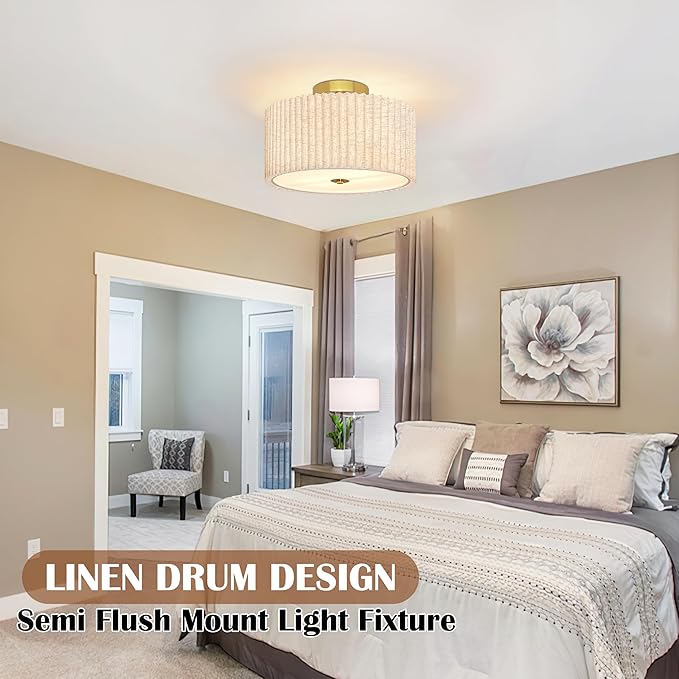 2 Light Semi Flush Mount Ceiling Light Fixture 12.6 Inch Modern Gold Drum Ceiling Light Fixture with Pleated Fabric Shade Dimmable Close to Ceiling Light for Living Room Hallway Bedroom Entryway