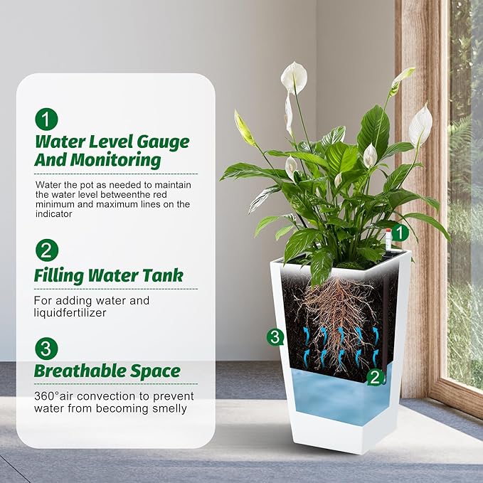 Garvee 16" Tall Planters Set of 4, Outdoor&Indoor Black Planter Pots, High Front Porch Planter Pots with Drainage Holes&Water Level Monitor&Inner Bucket, White