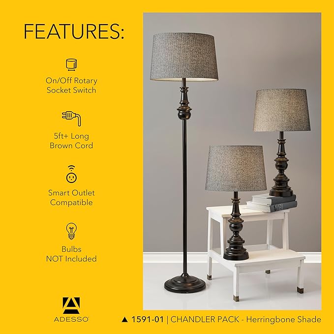 Adesso 3-Piece Lamp Set: Two Table Lamps & One Floor Lamp – Bronze Finished Base, Dark Herringbone Shade, Stylish and Cohesive Lighting for Any Space