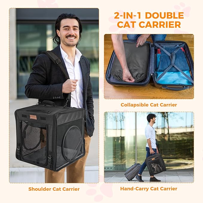 PETUX 2-in-1 Double Cat Carrier for Multiple Cats - Large Cat Travel Carrier with Litter Box, Play Tunnels, and Hammock - Portable Pet Carriers for Long Car Trips & Vet Visit (34"x17"x17", Black)