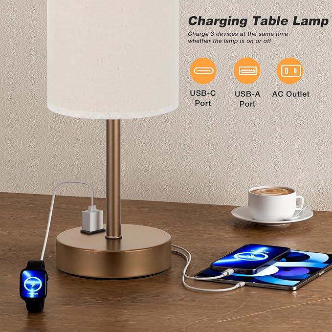 Fenmzee Touch Table Lamp - Beige, 3-Way Dimmable, USB A + C Charging, AC Outlet, 17.4inch Medium, Brown Metal Base