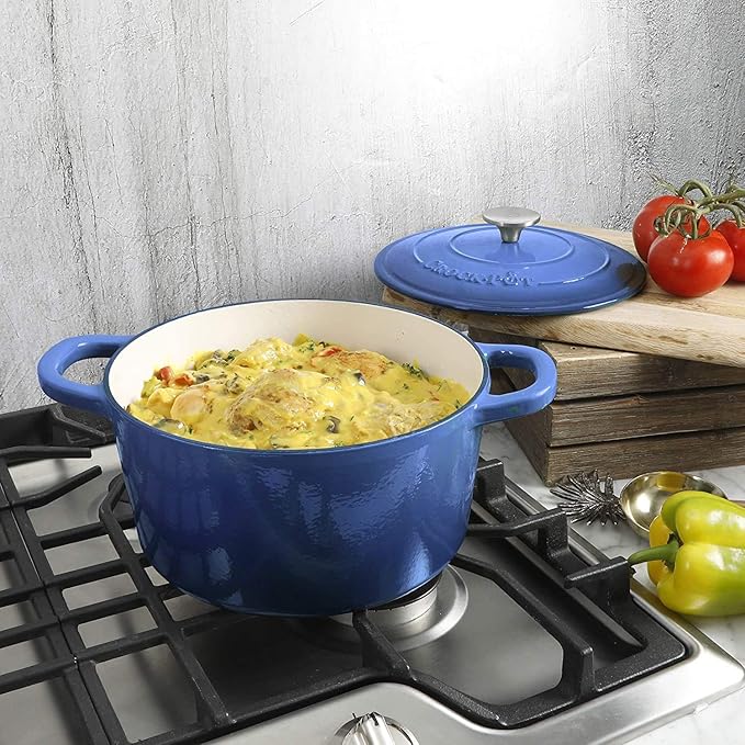 Crock-Pot Artisan 5-Quart Round Enameled Cast Iron Dutch Oven – Blue, Durable