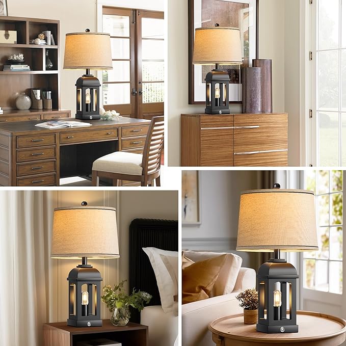 QiMH Table Lamp for Living Room, Farmhouse Lamps with USB A+C and Nightlight, 26" Rustic Bedside Lamps with 3-Way Dimmable Touch Control, Nightstand Lamp for Bedroom, Black, 1 Pack