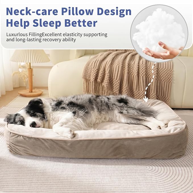 FAIRYPET Deluxe Plush Dog Beds for Medium to Large Dogs, 3D Crimped Siliconized Hollow Fiber Fill,Soft Breathable,Washable Dog Bed, Plush Faux Fur & Corduroy,Durable Pet Bed with Anti-Slip Bottom