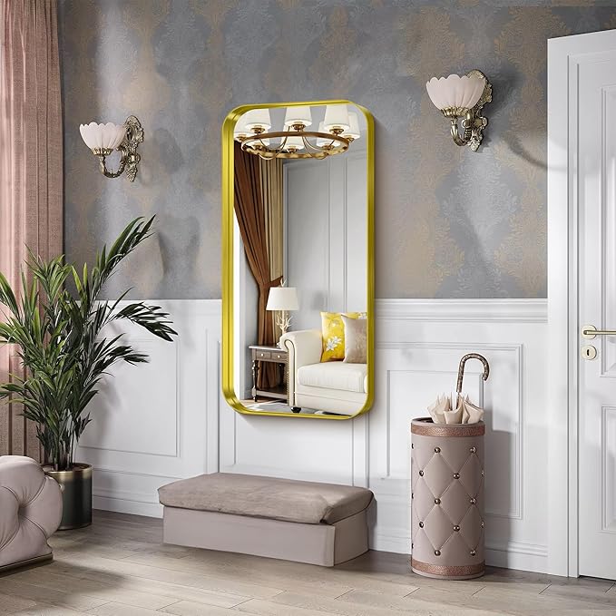 CIRCUMI Gold Bathroom Mirror, Rounded Corner, Tempered Glass, Large Mirror