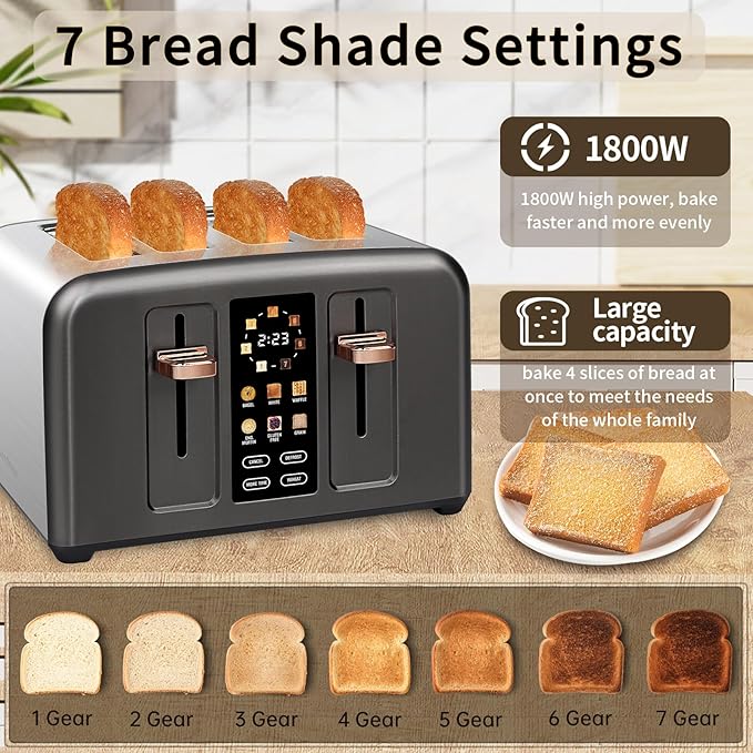 SEEDEEM Toaster 4 Slice, Stainless Toaster & Touch Control, LCD Display