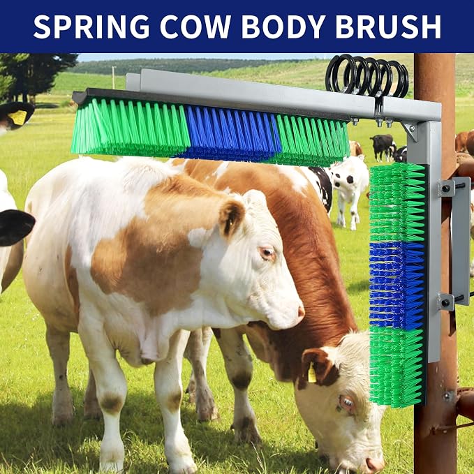 Livestock Scratch Brush With Spring Iron Holder,Animal Back Scratching Brush Including 4pcs goat brushes, 4 stands and accessories For Cow,Cattle,Sheep, Horses,Pigs,Massage Grooming Tool(Green)